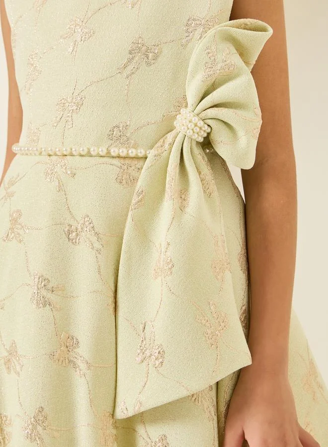 Styli Girls Green Jacquard Sleeveless Dress With Bow Detail